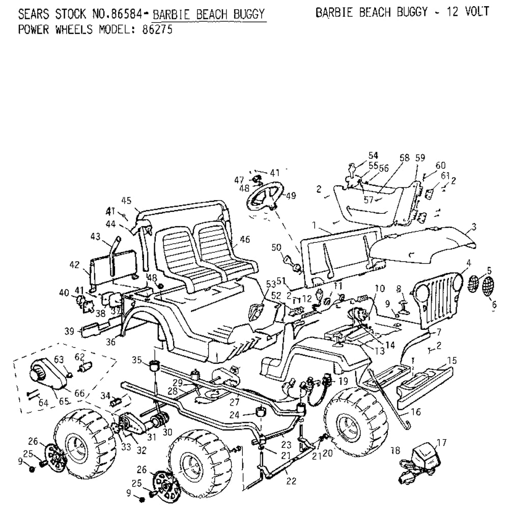 Barbie Beach Buggy Diagram and Parts List for 0100  Power Wheels Ride-On Cars